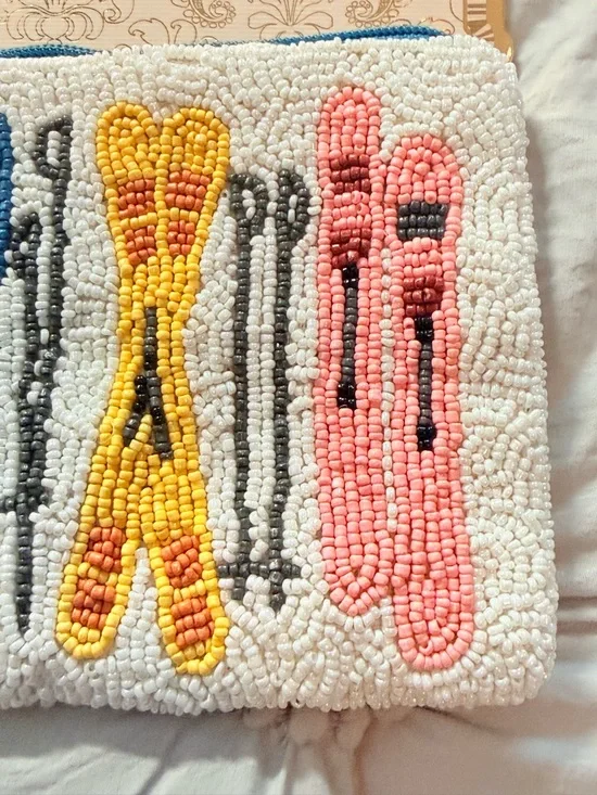 Hand Beaded Viral Ski Motif Clutch — White with Multi Colored Skis - Picture 5 of 7